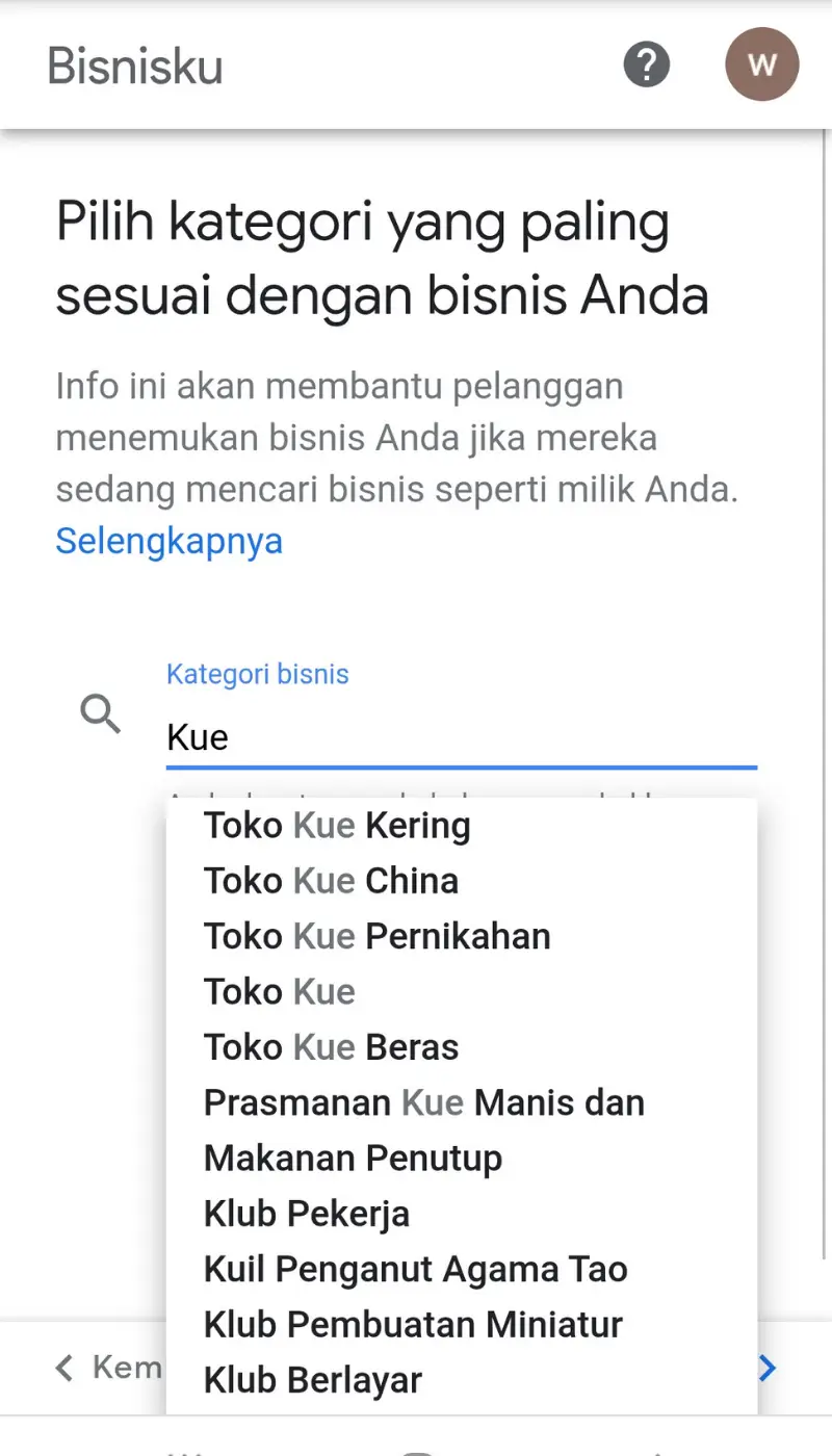 pilih kategori bisnis