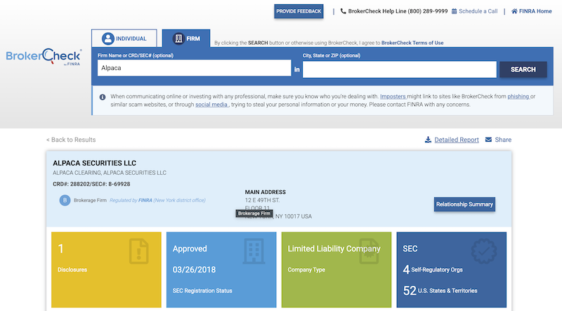 Hasil pengecekan Alpaca Securities di BrokerCheck by Finra