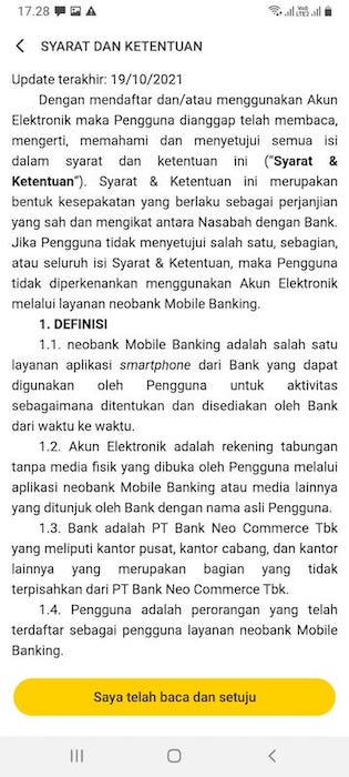 Setuju S&K Aplikasi Neobank