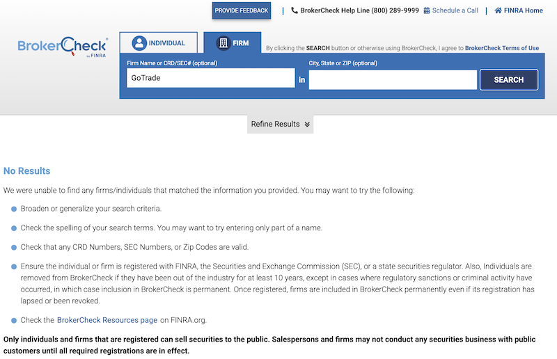 Hasil pengecekan GoTrade di BrokerCheck by Finra