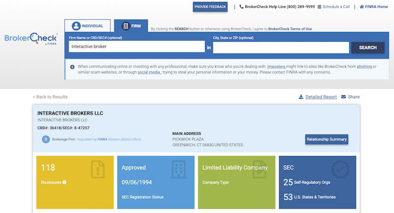 Hasil pengecekan Interactive Brokers di BrokerCheck by Finra