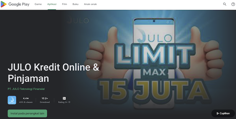 Julo memiliki rating 4.4 di Google PlayStore