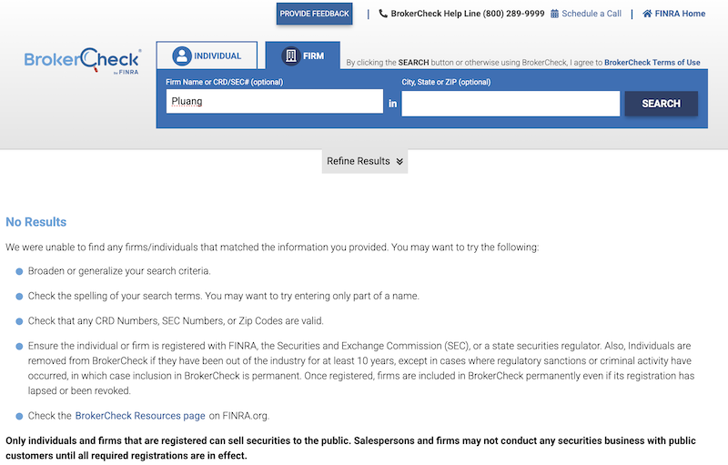 Hasil pengecekan Pluang di BrokerCheck by Finra