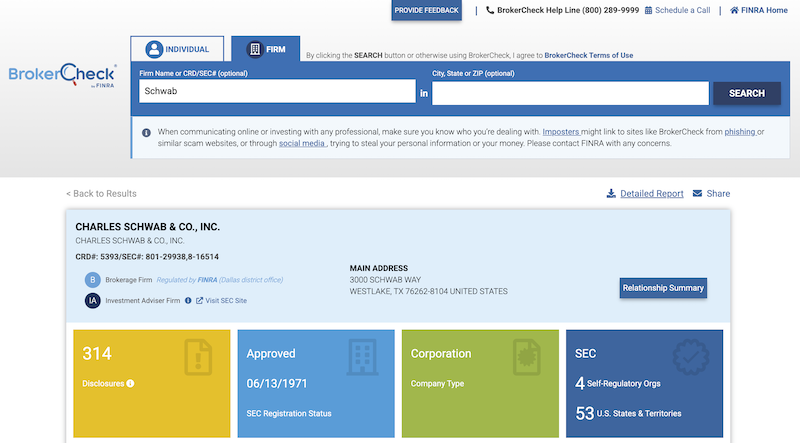 Hasil pengecekan Schwab di BrokerCheck by Finra