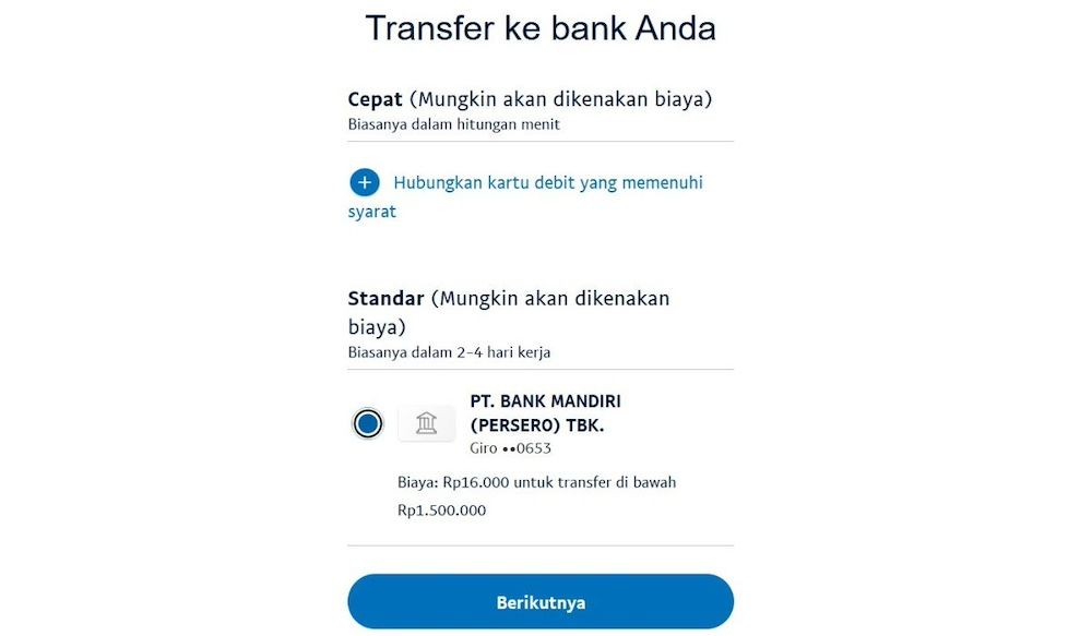Transfer ke bank dari PayPal