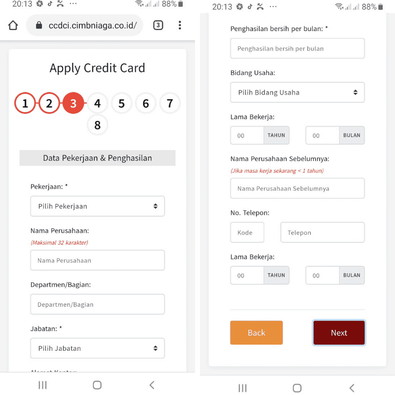 Isi Pekerjaan dan Penghasilan Apply Online Kartu Kredit Cimb. Niaga
