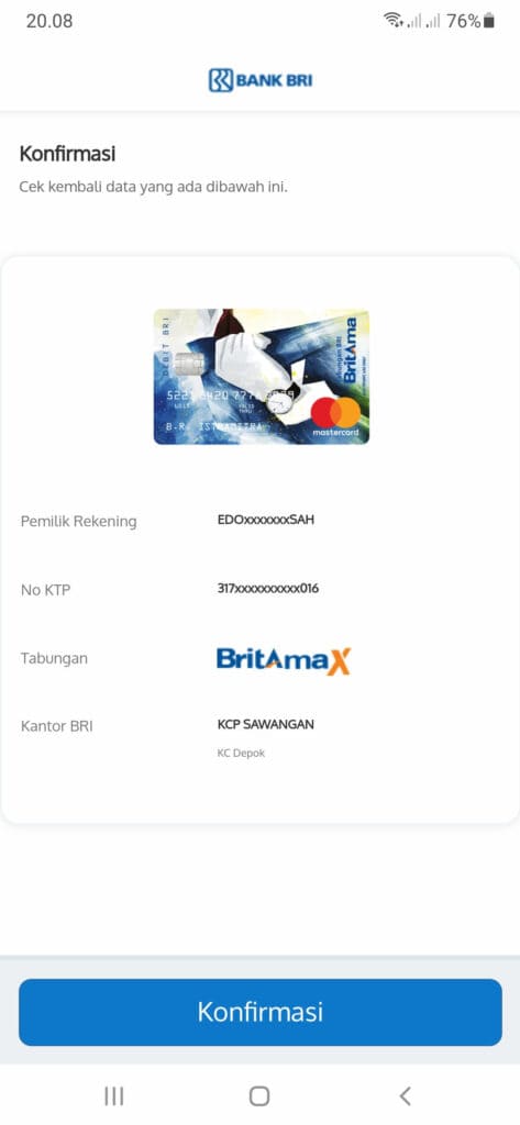 Konfirmasi Buka Rekening ATM BRI Online